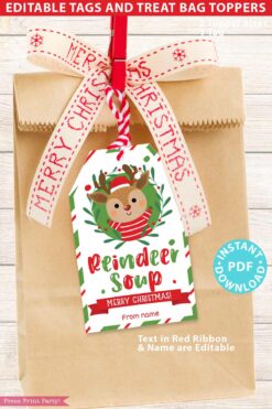 A brown paper bag with a festive tag labeled "Mrs. Claus Bakery Christmas Treat Bag Topper & Tag," showcasing a cartoon reindeer and adorned with the words "Reindeer Soup" and "Merry Christmas." The bag is tied with a red and white ribbon, mentioning an "Instant PDF Download" along with "Editable Tags and Treat Bag Toppers.