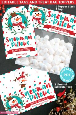 Introducing the Mrs. Claus Bakery Christmas Treat Bag Topper & Tag, featuring festive snowman-themed designs labeled "Snowman Pillows." The package includes a PDF with editable text options for personalized Christmas greetings, adorned with decorative elements such as holly, candy canes, and marshmallows.