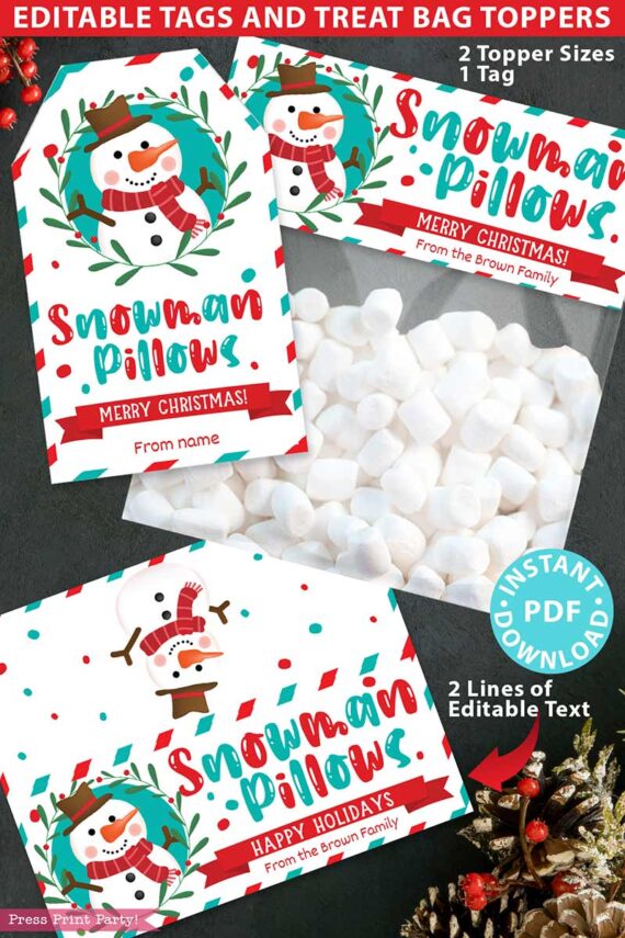 Introducing the Mrs. Claus Bakery Christmas Treat Bag Topper & Tag, featuring festive snowman-themed designs labeled "Snowman Pillows." The package includes a PDF with editable text options for personalized Christmas greetings, adorned with decorative elements such as holly, candy canes, and marshmallows.
