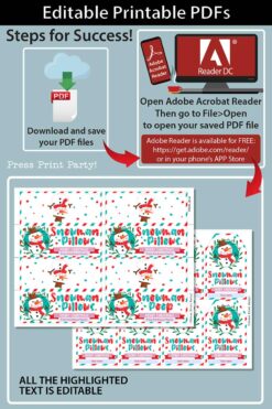 Infographic outlining steps to edit printable PDFs, featuring Adobe Acrobat Reader instructions and showcasing a snowman-themed invitation. Emphasizes editable text fields and includes information on downloading the app, all related to the Mrs. Claus Bakery Christmas Treat Bag Topper & Tag.