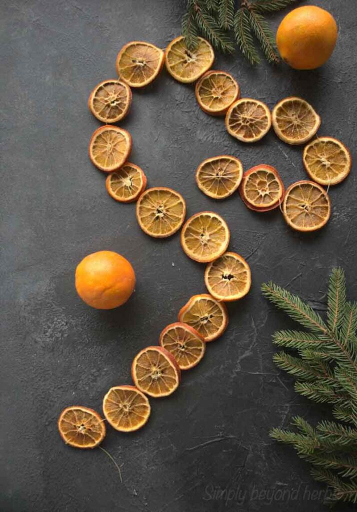 Orange slices arranged in the shape of a candy cane on a dark surface, with an orange at the top and evergreen branches nearby—an ideal project for Christmas crafts for teens looking to get creative with seasonal decorations.
