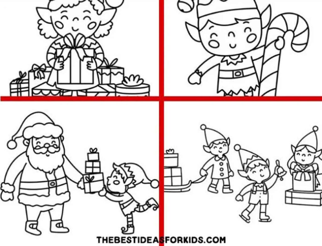 Four black and white Christmas scenes: 1) an elf with gifts, 2) an elf holding a candy cane, 3) Santa giving a gift to a child, 4) elves carrying presents. Cute holiday illustrations for coloring.