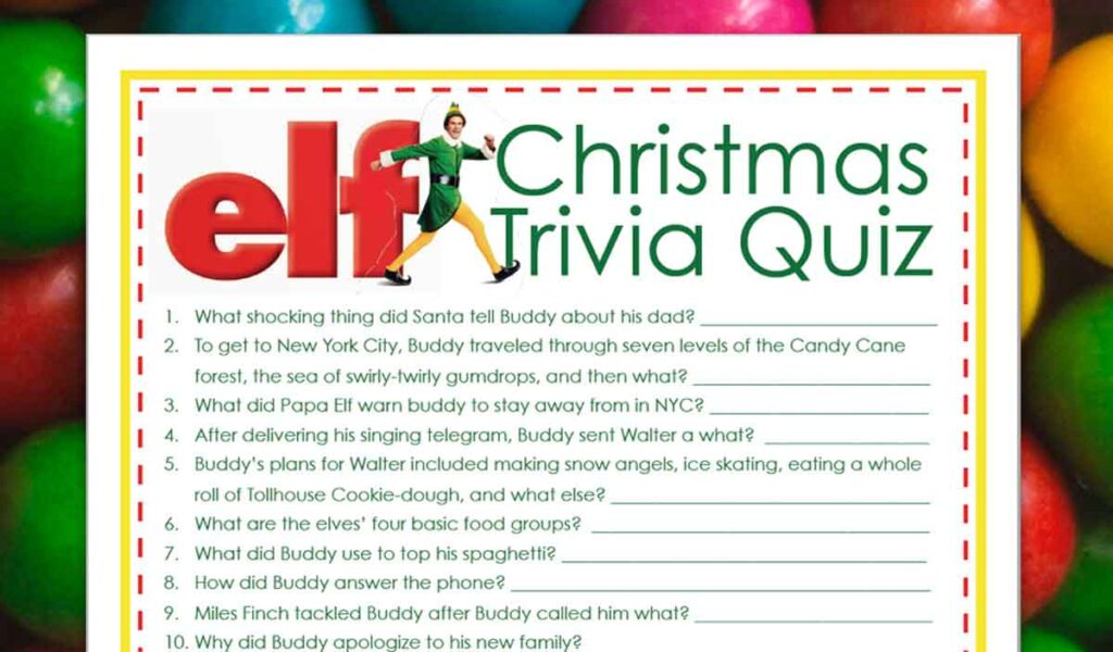 A colorful Christmas trivia quiz sheet features the theme "Elf." It includes various questions related to the movie, such as Santa's shocking words to Buddy and Papa Elf's warnings. The sheet is placed on a background of colorful gumballs.