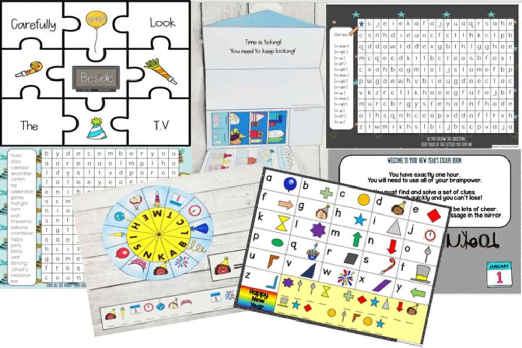 A collage of puzzles and codes, including a word search, jigsaw puzzle, symbol decryption, and colorful envelopes. Various shapes, letters, and clues are visible, designed for brainteasers and interactive games.