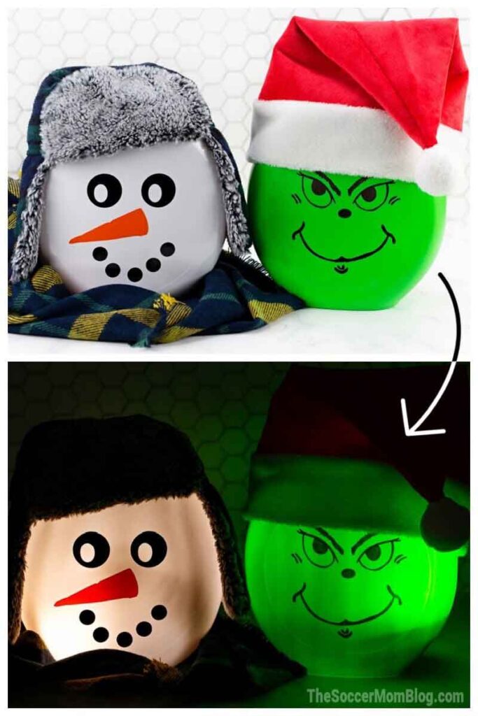 Top image: A festive snowman jar dons a winter hat and scarf, while a Grinch jar sports a red Santa hat. Bottom image: Both jars illuminate from inside, showcasing the snowman's cheerful face and the Grinch's mischievous grin—a perfect Christmas craft project for teens to enjoy.