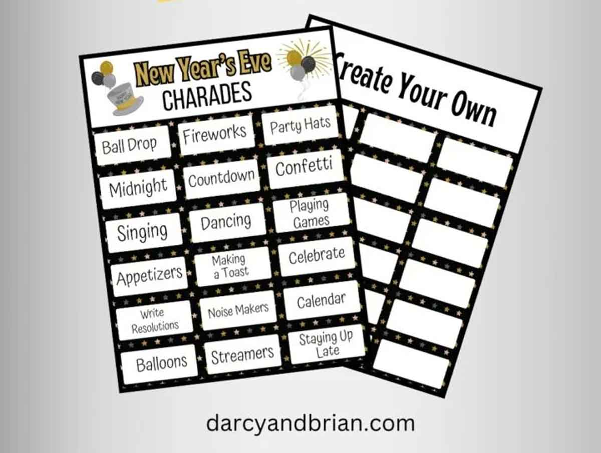 Image of two New Year's Eve charades game sheets. One sheet lists activities like "Ball Drop," "Fireworks," and "Midnight." The other is blank for custom entries. Website name "darcyandbrian.com" is at the bottom.