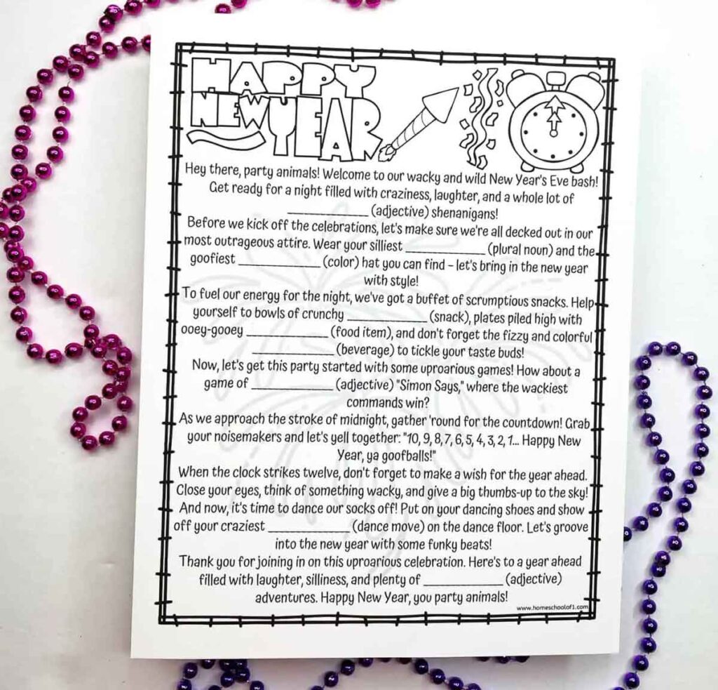 A black and white printable page titled "Happy New Year" with a clock illustration and festive text. The page includes fill-in-the-blank words for a New Year's themed story. Colorful beaded necklaces are scattered around the page on a white surface.