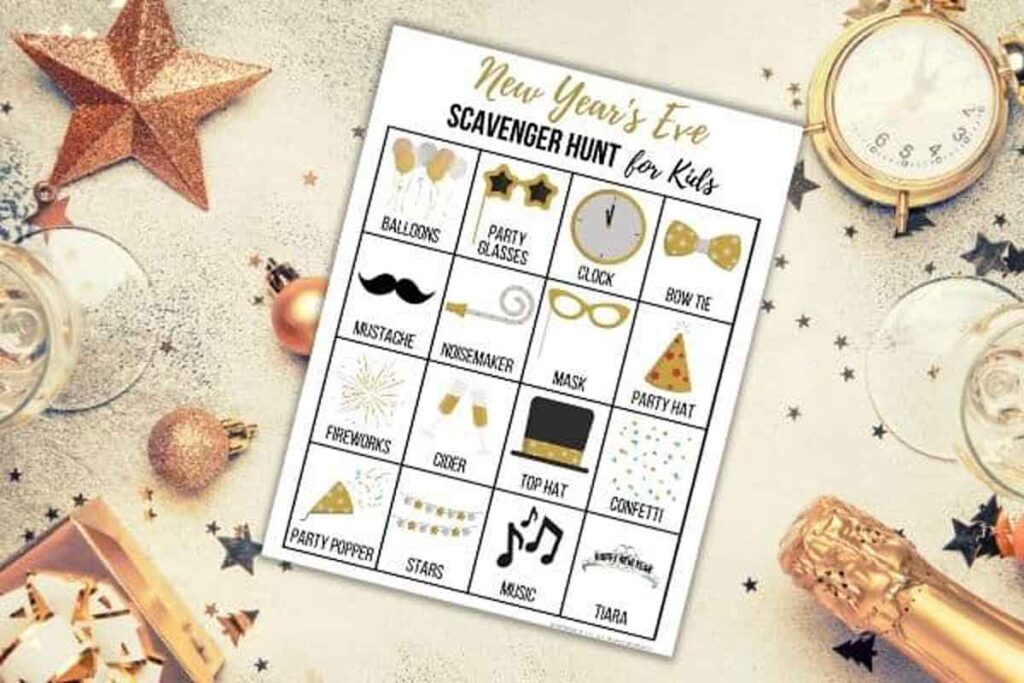 A festive New Year’s Eve scavenger hunt for kids features a list with images: balloons, party glasses, clock, bow tie, mustache, noisemaker, mask, party hat, fireworks, cider, top hat, confetti, party popper, stars, music, tiara.