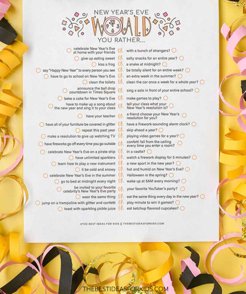 A "New Year's Eve Would You Rather" game sheet is surrounded by colorful yellow and pink streamers and party decorations. The sheet lists playful questions with options to choose from, accompanied by small checkboxes for answers.