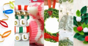 A collage of six handmade Christmas crafts for teens: paper leaf ornaments, beaded decorations, festive soap bars, a quilled paper wreath, a mini tree with buttons, and felt holly with pom-poms. Each craft bursts with vibrant holiday colors like red and green.