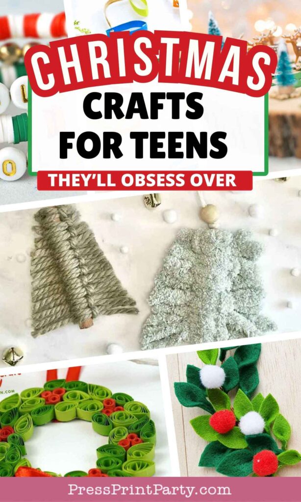 An image with the text "Christmas Crafts for Teens" displays holiday creations that teens will obsess over. Visible are small Christmas trees, a wreath with green and red spirals, and another adorned with green felt leaves and festive pompoms.