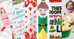 A festive collage captures the spirit of an elf movie night with holiday-themed decorations and crafts. It showcases paper snowflakes, an elf-themed figure, a "4 main elf food group" sign, and a decorated cupcake bursting with vibrant colors and patterns.