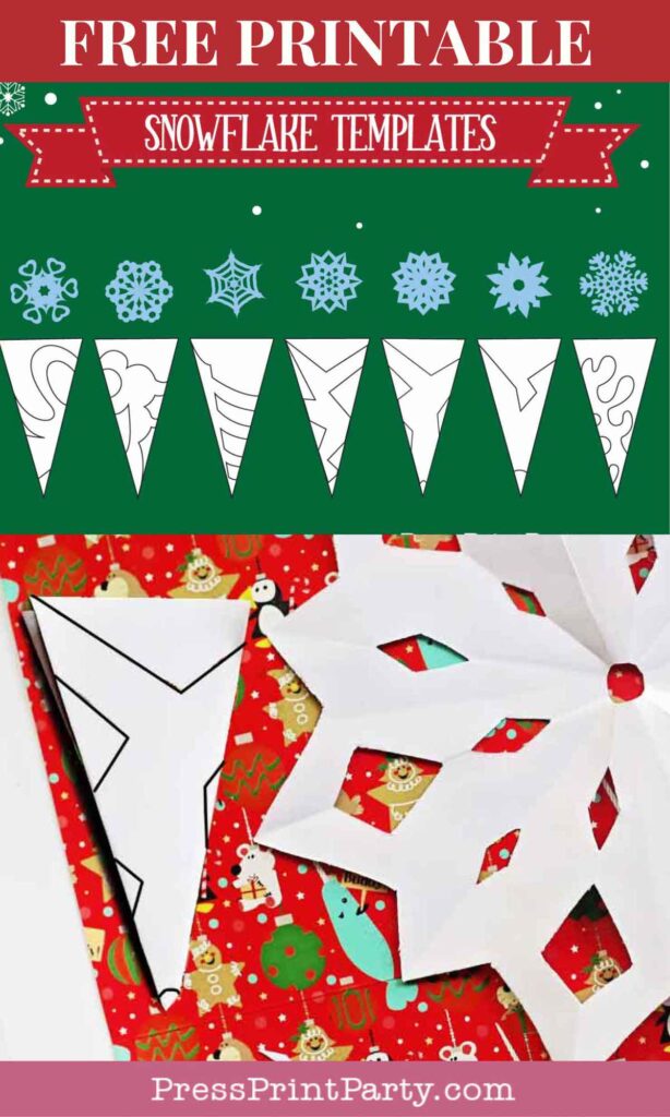 A festive printable sheet featuring paper snowflake templates with decorative designs. It displays various snowflake patterns and an example of a cut-out on a holiday-themed background, perfect for crafting elegant winter decorations.