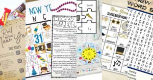 A collage of New Year's Eve party games featuring Bingo, puzzles, a scavenger hunt, word search, and a candy-themed game. Colorful and festive designs include party hats, masks, and themed decorations.