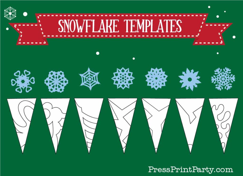 A green background featuring various snowflake templates at the top, with different patterns and shapes. Below are several triangular paper cutting guides. The text "Snowflake Templates" is displayed in bold white font.