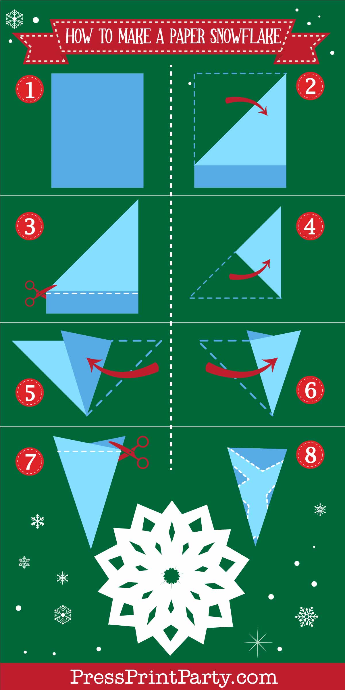 Illustrated guide showing how to make a paper snowflake. Steps include folding a square paper into triangles, cutting a pattern, and unfolding to reveal a snowflake. The background is green with small decorative snowflakes and "PressPrintParty.com" written below.