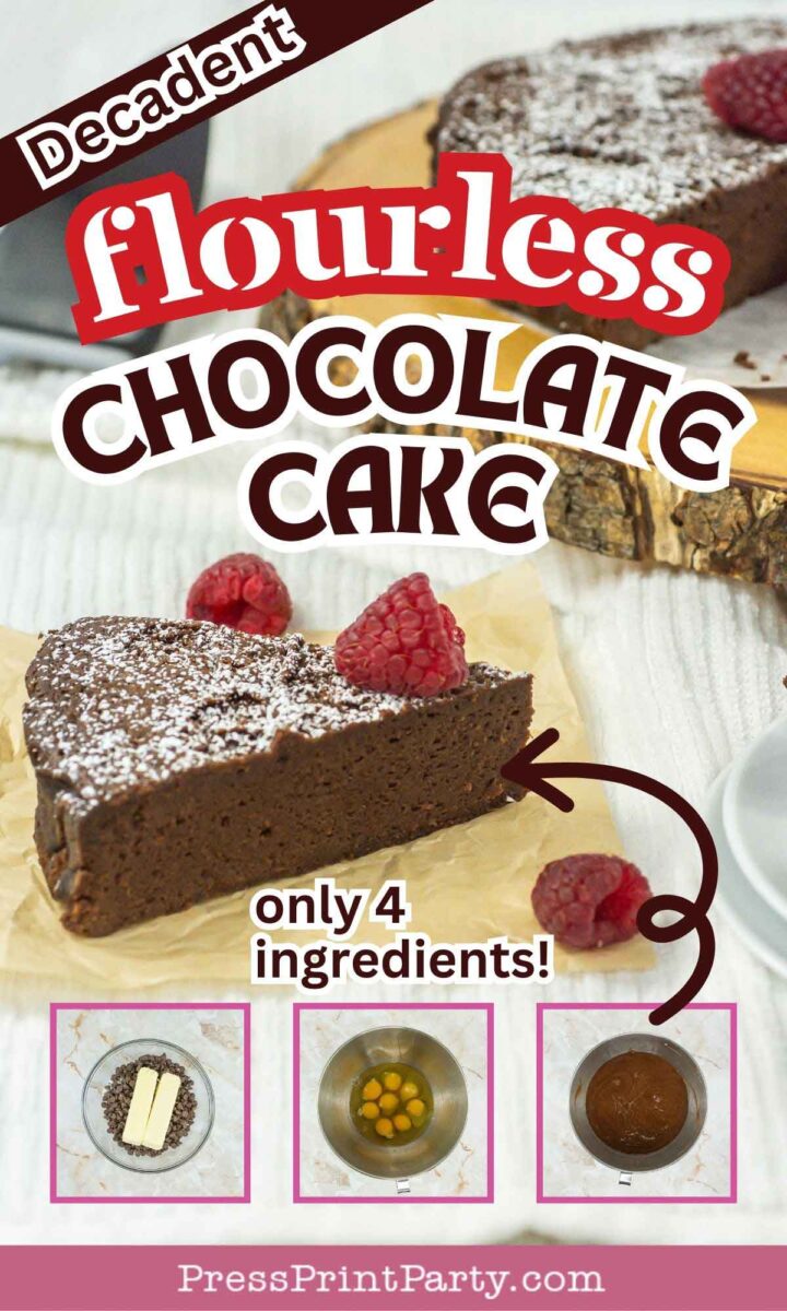 A decadent slice of 4 ingredient flourless chocolate cake topped with raspberries and powdered sugar. The image captures its richness, showcasing small photos of the four-ingredient recipe: chocolate, eggs, sugar, and butter.