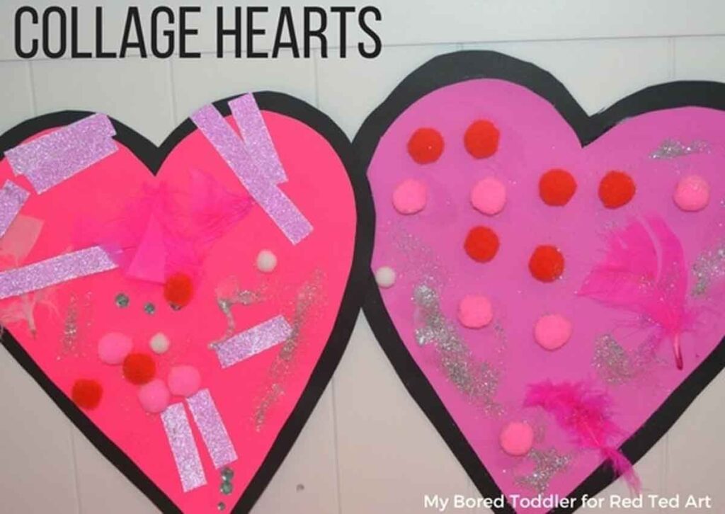 Two heart-shaped collages are displayed. The left heart is decorated with pink feathers, ribbons, and glitter. The right heart features red and pink pom-poms, glitter, and feathers. Both have black outlines and are on a white background.