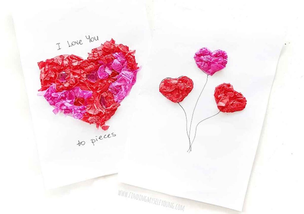 Two paper artworks: one with a heart shape made of red and pink tissue paper, captioned "I love you to pieces," and the other with three heart balloons in red and pink, attached to drawn strings.