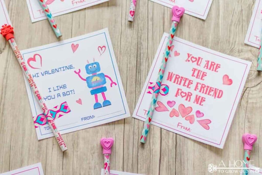 Valentine's Day pencil valentines feature playful designs and friendly messages. Each card, attached to a pencil with heart-shaped erasers, includes fun phrases like "Hi Valentine, I like you a bot" alongside charming graphics, or "You are the write friend for me.