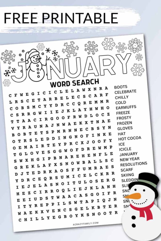 Enjoy a delightful word search puzzle for January featuring words like "snowflake," "icicle," and "resolution." With decorative snowflakes and a snowman enhancing the title, this free printable winter game is perfect for cozy indoor fun.