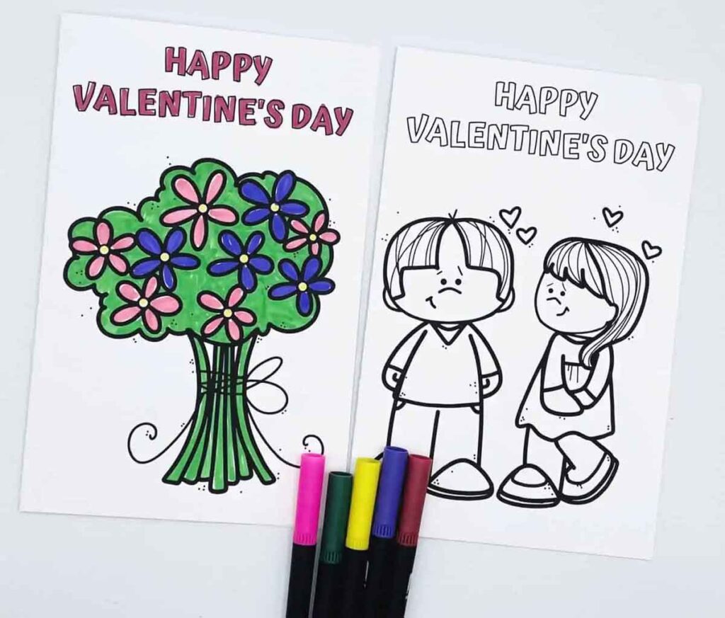 Two Valentine's Day coloring pages. The left features a bouquet of pink and blue flowers. The right shows a boy and girl with hearts above them. Four markers are placed below: black, yellow, pink, and blue.