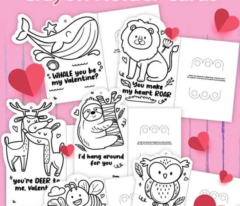 A selection of Valentine's Day coloring cards featuring cute animals like a whale, lion, deer, sloth, owl, and bee. Each card has a playful pun. Red paper hearts are scattered around the cards on a pink background.