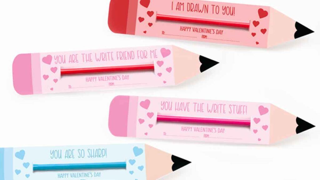 Illustration of four charming pencil valentines with love-themed messages. Each card showcases a pastel-colored pencil adorned with heart decorations and phrases like "I am drawn to you!" and "You are so sharp!" Each has a spot for a small gift like a pen.