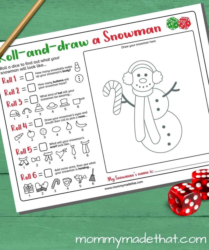 Enjoy a printable winter game with this roll-and-draw a snowman activity sheet, featuring delightful illustrations of snowman parts. Dice numbers guide your choices for the hat, arms, and nose. A blank outline awaits your artistry, while two red dice sit at the bottom right for easy play.