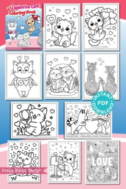 The "Valentine Cats Coloring Book 10 Printable Pages" features charming illustrations of cute cats in love-themed settings with hearts, balloons, and flowers. The "Instant Download PDF" label lets you begin your creative journey right away.