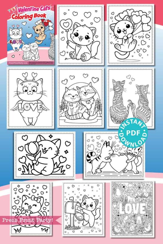 The "Valentine Cats Coloring Book 10 Printable Pages" features charming illustrations of cute cats in love-themed settings with hearts, balloons, and flowers. The "Instant Download PDF" label lets you begin your creative journey right away.