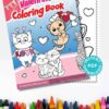 The cover image of "Valentine Cats Coloring Book 10 Printable Pages" features cute cat illustrations with hearts, matching a dotted design beneath it. An array of crayons is at the bottom with the text "Instant PDF Download.
