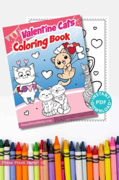 The cover image of "Valentine Cats Coloring Book 10 Printable Pages" features cute cat illustrations with hearts, matching a dotted design beneath it. An array of crayons is at the bottom with the text "Instant PDF Download.