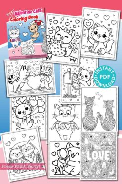 The Valentine Cats Coloring Book features a charming collage of adorable cats with hearts, a mailbox, and 