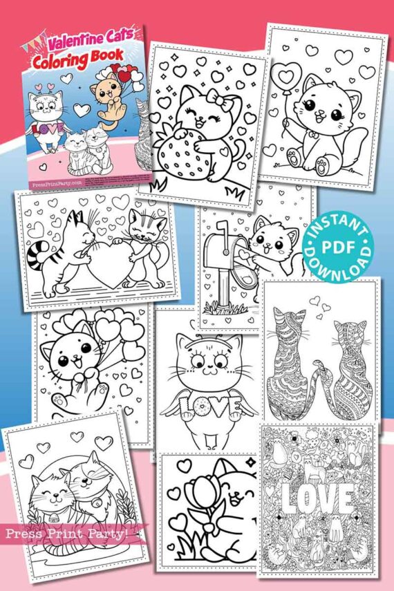 The Valentine Cats Coloring Book features a charming collage of adorable cats with hearts, a mailbox, and "LOVE." The cover title is "Valentine Cats Coloring Book 10 Printable Pages," and it offers an instant PDF download.
