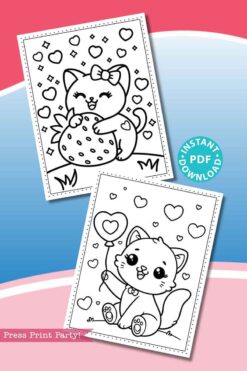 The Valentine Cats Coloring Book offers delightful coloring pages with cute Valentine cats: one with a strawberry, and another holding a heart-shaped balloon, surrounded by hearts and stars. Features 