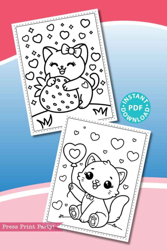 The Valentine Cats Coloring Book offers delightful coloring pages with cute Valentine cats: one with a strawberry, and another holding a heart-shaped balloon, surrounded by hearts and stars. Features "Press Print Party!" Text. Instant PDF Download available.