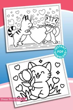 The Valentine Cats Coloring Book includes two charming pages: The first showcases cartoon cats with a heart amidst stars, and the second depicts a cat holding a tulip surrounded by hearts. Available for instant PDF download.