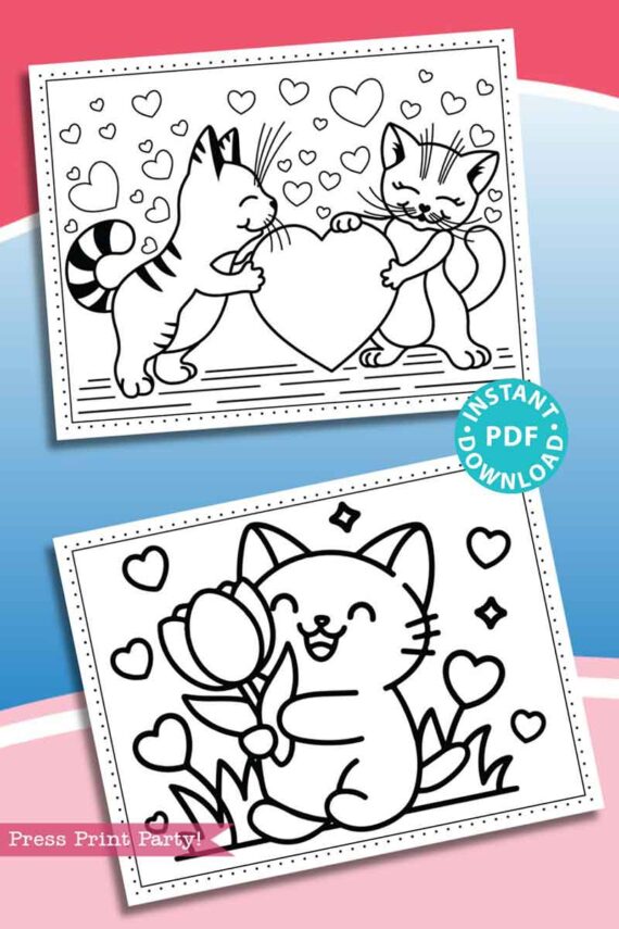 The Valentine Cats Coloring Book includes two charming pages: The first showcases cartoon cats with a heart amidst stars, and the second depicts a cat holding a tulip surrounded by hearts. Available for instant PDF download.