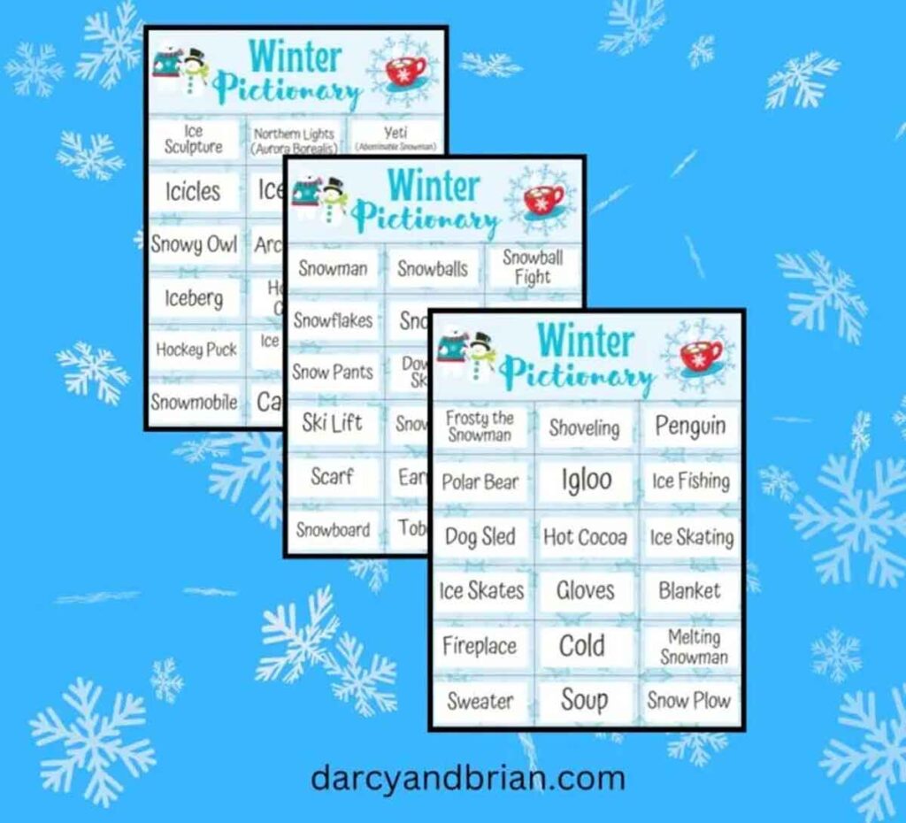 Four Winter Pictionary cards with words like "Icicles," "Snowman," and "Igloo" on a blue snowflake background, perfect for printable winter games. Website darcyandbrian.com is at the bottom. Cards feature winter-themed illustrations.
