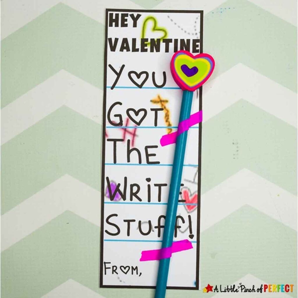 A pencil valentines card with the message "Hey Valentine, You Got The Write Stuff!" is adorned with colorful hearts. It includes a pencil, and the background features a lively zigzag pattern.