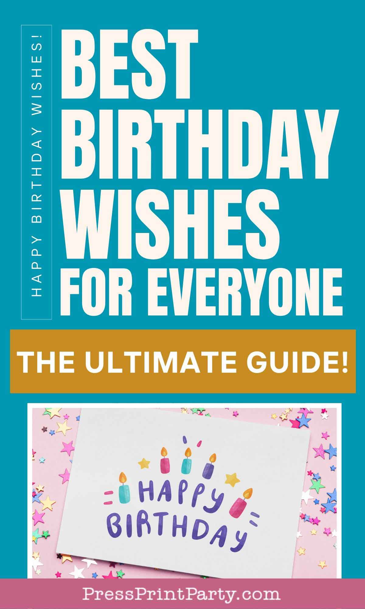 A colorful birthday card design featuring "Happy Birthday" surrounded by illustrated candles. The image, with its vibrant blue and brown color scheme, is labeled "Best Birthday Wishes for Everyone - The Ultimate Guide!" offering the best birthday wishes to all.