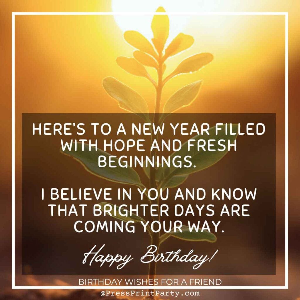 A small plant in sunlight with a message: "Here's to a new year filled with hope and fresh beginnings. I believe in you and know that brighter days are coming your way. Happy Birthday! Sending heartfelt birthday wishes for a friend.