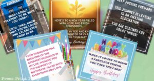 A collage of birthday greeting cards with vibrant designs and heartfelt birthday wishes for a friend. Themes include friendship, new beginnings, and encouragement, featuring colorful elements like balloons, candles, and abstract patterns against various backgrounds.