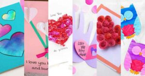 A collage of six handmade Valentine cards, each featuring colorful designs: hearts, a phrase "I love you", a handprint, rolled paper flowers, and two cartoon owls. The cards vary in color with pink, red, blue, and purple hues.
