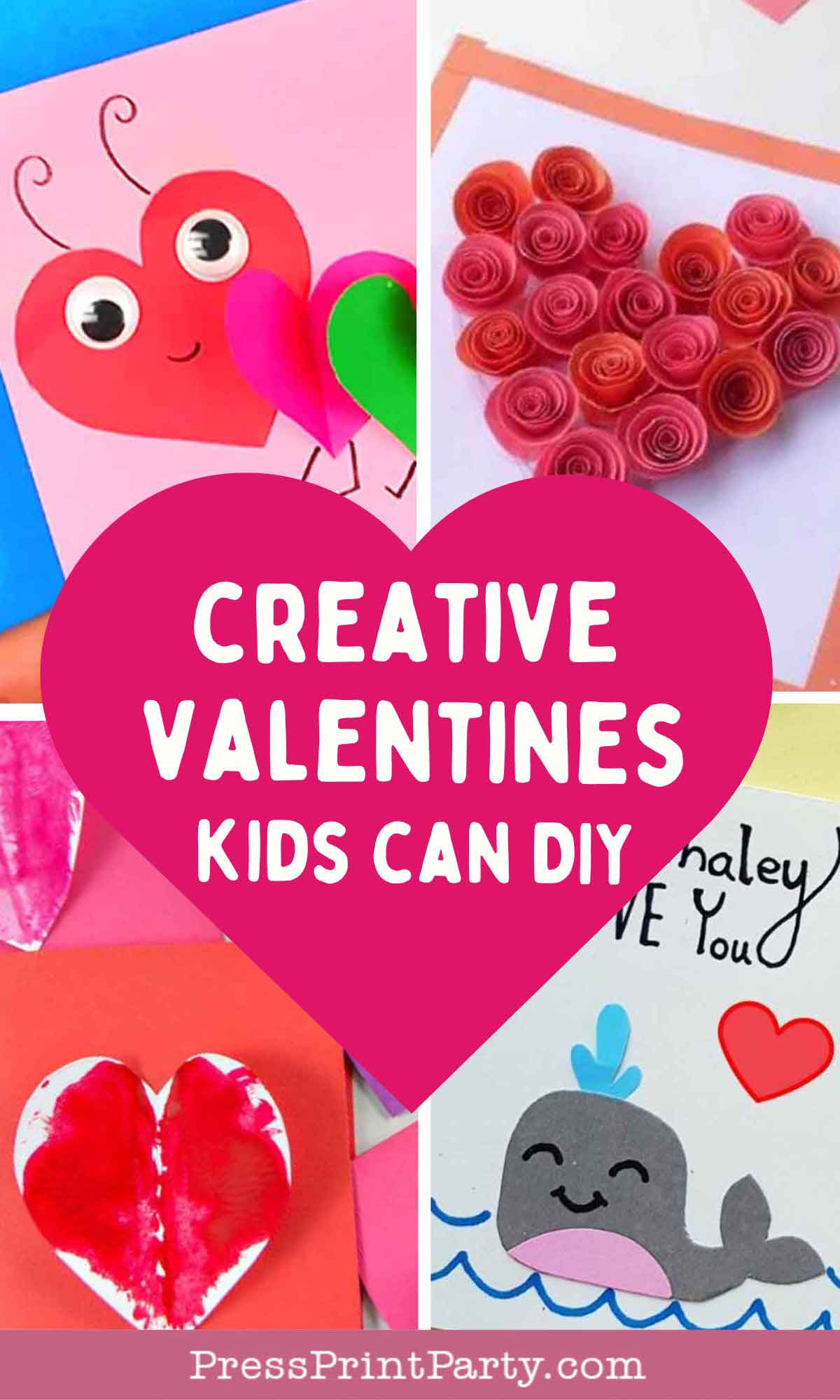 Collage of Valentine's Day crafts for kids, featuring heart-shaped designs: a red heart with eyes, a quilled paper heart, a painted heart, and a card with a whale and heart. Text overlay reads "Creative Valentines Kids Can DIY.