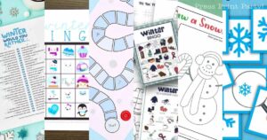 A collage of winter-themed printables, featuring game boards, bingo cards, coloring pages, and snowflake designs in blue and white. Includes printable winter games with images of snowmen, penguins, and cozy winter clothing.