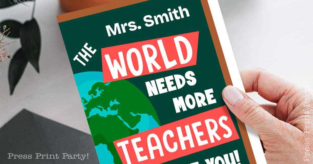 A hand holds a colorful card with bold text stating, "Happy Birthday! The World Needs More Teachers Like You!" accompanied by an illustration of the Earth and a plant in the background.