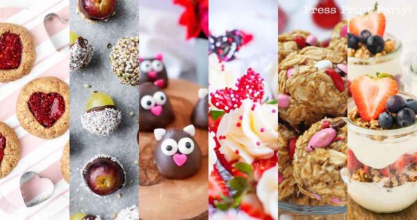 A collage of six Valentine's Day-themed desserts offers fun and healthy snacks for the classroom: heart-shaped jam cookies, chocolate-dipped fruits, whimsical truffles with googly eyes, frosted cupcakes with sprinkles, oatmeal balls dotted with pink candies, and parfaits brimming with berries and granola.