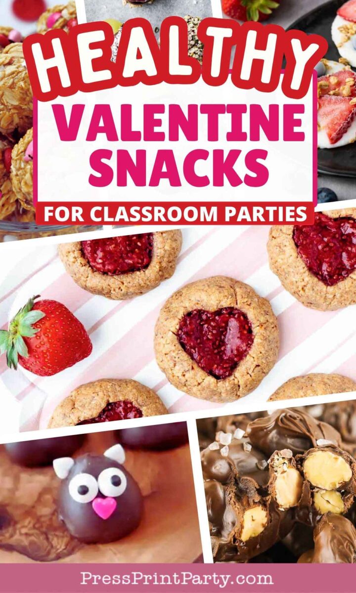 Collage of healthy Valentine snacks for classroom parties, featuring heart-shaped cookies with red filling, strawberries, chocolate-covered treats, and an owl-shaped dessert with pink heart eyes and a beak. Text reads "Delicious Valentine Snacks for Classroom Fun.